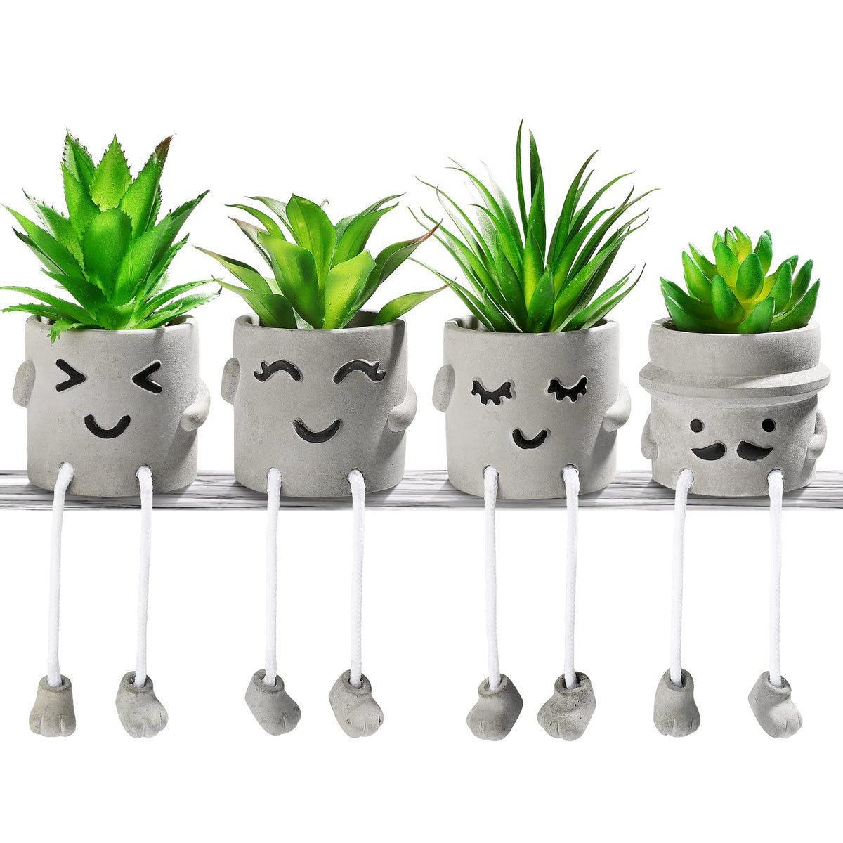 Creative Artificial Succulent Plants in pots - 4 Pieces Mini Fake Plant Faux Succulent Emotional Cement Potted for Home Desk Shelf Kitchen and Office Decor (4 PCS New)