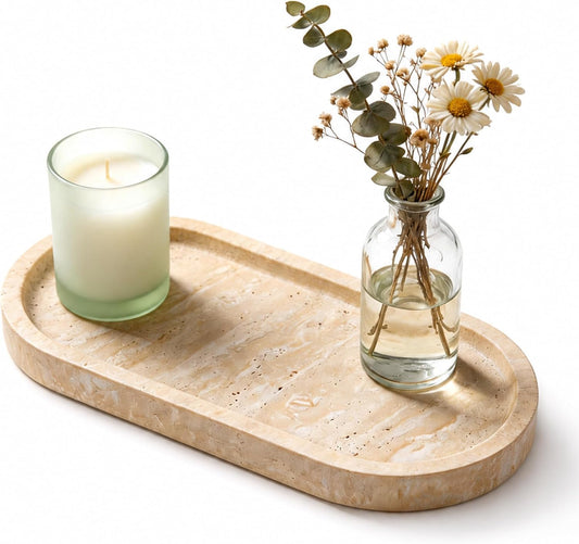 Marble Storage Compartment, 30 x 12.7 cm, Italian Natural Travertine Stone, Decorative Tray for Jewellery, Candles, Perfume, Storage Organiser for Bathroom, Dresser, Kitchen, Home Decor, Beige