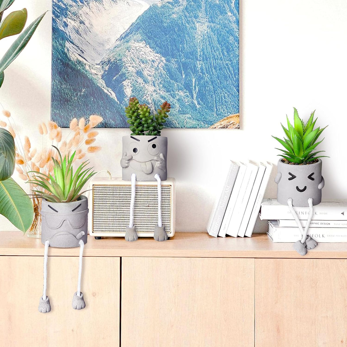 Creative Artificial Succulent Plants in pots - 4 Pieces Mini Fake Plant Faux Succulent Emotional Cement Potted for Home Desk Shelf Kitchen and Office Decor (4 PCS New)