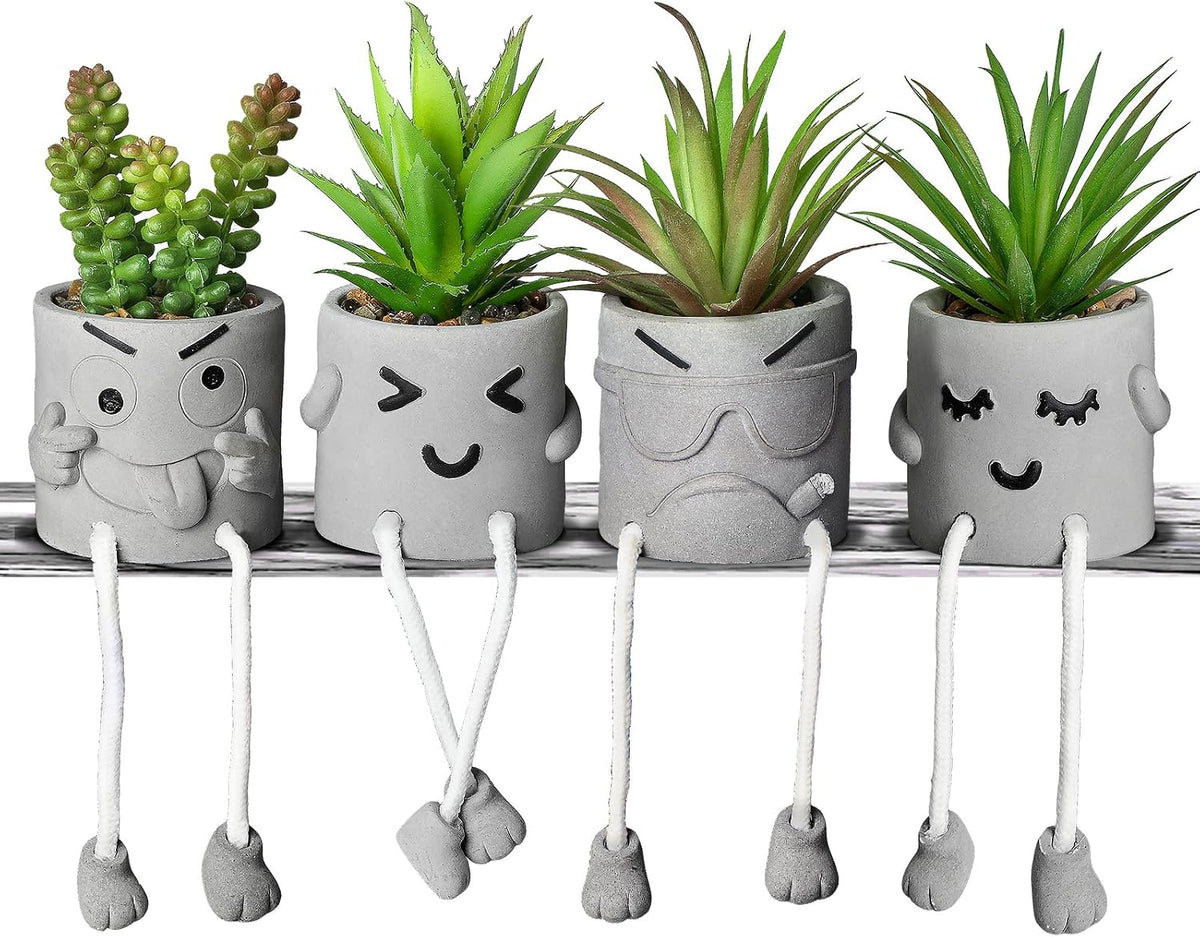 Creative Artificial Succulent Plants in pots - 4 Pieces Mini Fake Plant Faux Succulent Emotional Cement Potted for Home Desk Shelf Kitchen and Office Decor (4 PCS New)