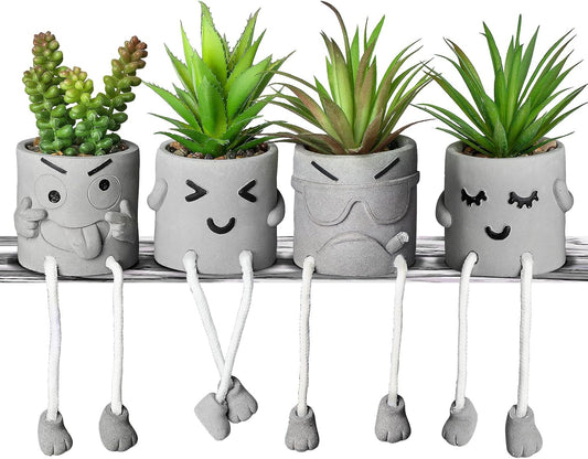 Creative Artificial Succulent Plants in pots - 4 Pieces Mini Fake Plant Faux Succulent Emotional Cement Potted for Home Desk Shelf Kitchen and Office Decor (4 PCS New)