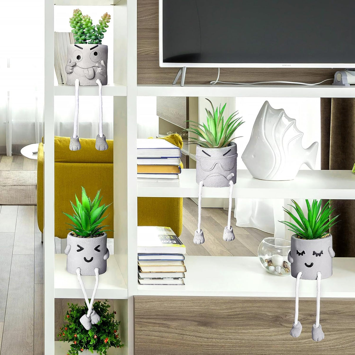 Creative Artificial Succulent Plants in pots - 4 Pieces Mini Fake Plant Faux Succulent Emotional Cement Potted for Home Desk Shelf Kitchen and Office Decor (4 PCS New)